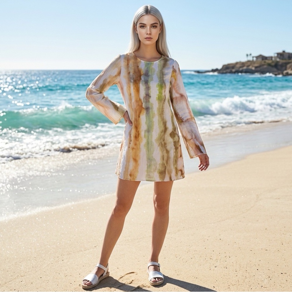 H&M Water Print Abstract Painter Flared Sleeve Lightweight Artsy Dress Sz Small